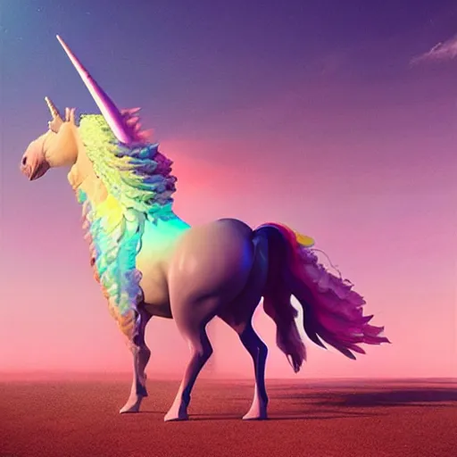 Image similar to jeff goldblum riding a winged unicorn, art by beeple, hyperrealistic