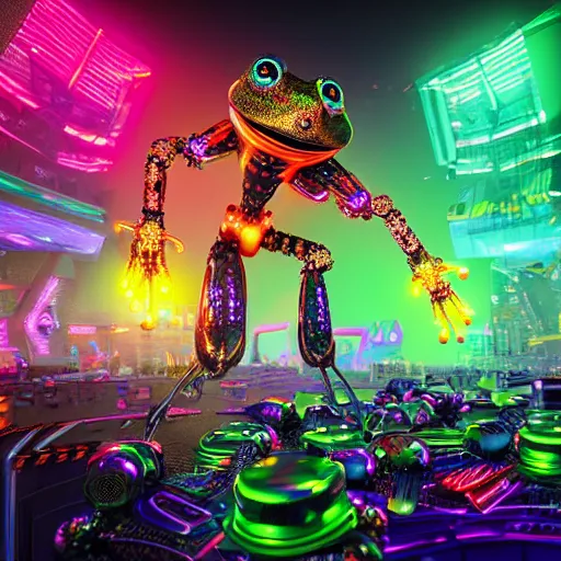 Prompt: robofrog cybercore disco rave. bright scene. fine detail. this 4 k hd image is trending on artstation, featured on behance, well - rendered, extra crisp, features intricate detail, epic composition and the style of unreal engine.