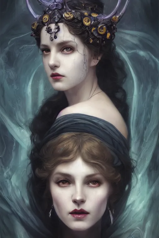 Prompt: a portrait of bio - luminescent beautiful demon queen in deep, black darkness, shining eyes, illustration, dramatic lighting, soft details, painting oil on canvas, art nouveau, octane render, hdr, 4 k, 8 k, hd, by edmund blair leighton, brom, charlie bowater, trending on artstation, faces by tom bagshaw, sargent