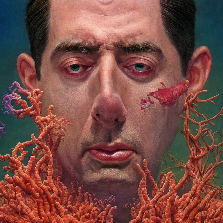 Image similar to Hyperrealistic intensely colored close up studio Photograph portrait of deep sea bioluminescent Senator Tom Cotton, symmetrical face realistic proportions eye contact tentacles, Weeping in a coral reef underwater, award-winning portrait oil painting by Norman Rockwell and Zdzisław Beksiński vivid colors high contrast hyperrealism 8k