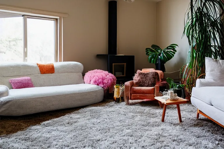 Prompt: a cloud hovering in the middle of a retro 1970s living room with shag carpet and vintage decor