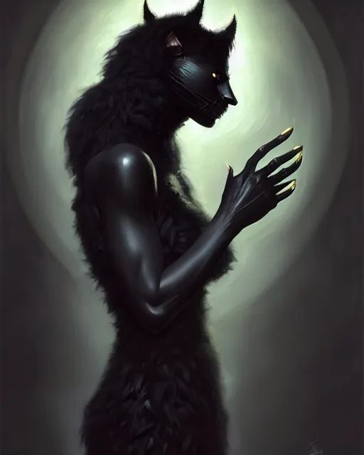 Image similar to a portrait of black furry shadow nightmare monster hybrid human in a background of deep shadows, illustration, dramatic lighting, soft details, painting oil on canvas, art nouveau, octane render, HDR, 4k, 8k, HD, by Edmund Blair Leighton, Brom, Charlie Bowater, trending on artstation, Tom Bagshaw, faces by otto Schmidt