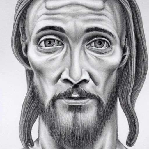 Prompt: jesus christ posing with grey aliens, self portrait, high detailed, pencil art