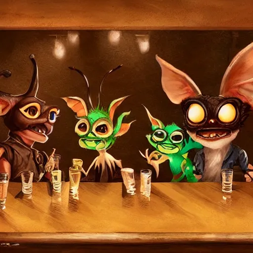 Image similar to gremlins having drinks in rustic night club, artstation,