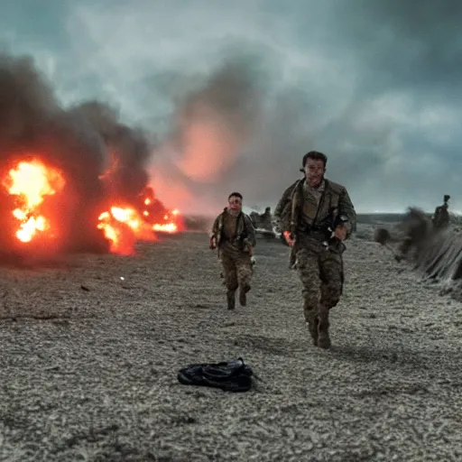 Image similar to soldiers running at the camera during normandy beach landing with fiery explosions and debris in the style of the movie lone survivor, gritty, 4 k, cinematic lighting,