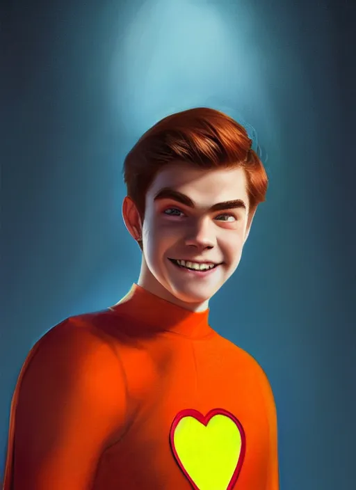 Image similar to friendly teenage archie andrews wearing an orange superhero costume with heart logo, freckles, pureheart the powerful, heart emblem on chest, blue cape, intricate, elegant, glowing lights, highly detailed, digital painting, artstation, sharp focus, illustration, art by wlop, mars ravelo and greg rutkowski