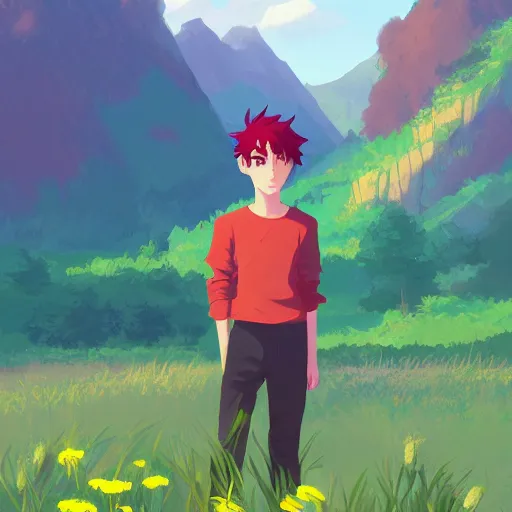 Image similar to red haired teen boy, flower fields and mountains and forest in the background, digital painting, artstation, highly detailed, by makoto shinkai and thomas kindle and James gilleard