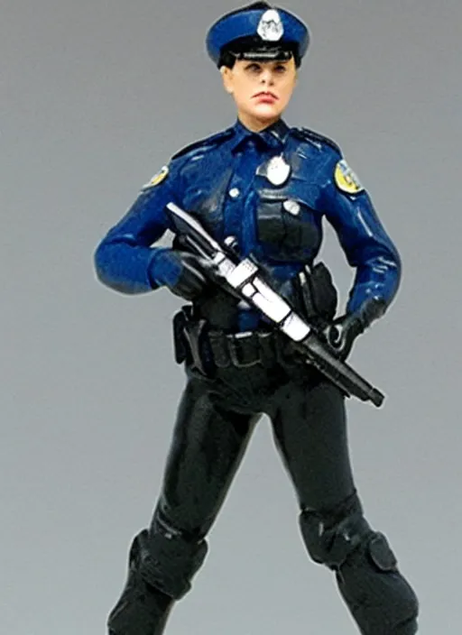 Prompt: Image on the store website, eBay, 80mm Resin figure model of a female cop in blue uniform with pistol.