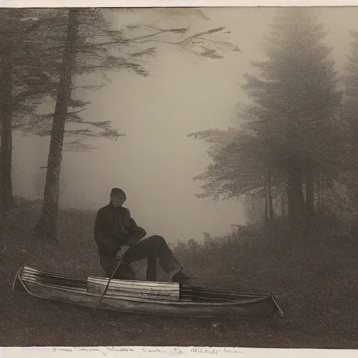 Prompt: hunter sitting in a canoe, alone in the wilderness, foggy, misty morning, early spring, boreal forest, 19th century