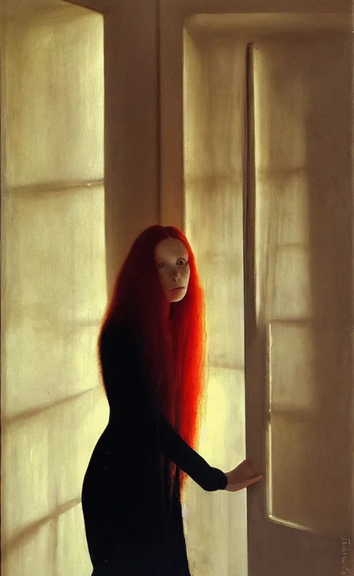 Image similar to portrait of a girl with long red hair, very beautiful style, the girl standing in a black room by the window, in a gold suit, photorealism, andrei tarkovsky maurilio manara,