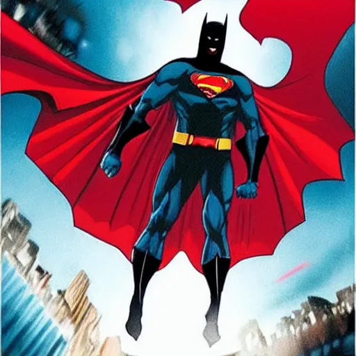 Image similar to Dark black Batman, Light Red Blue Superman, Fighting destroyed city