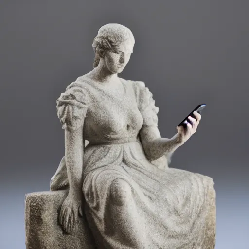 Prompt: a stone statue of a lady on her phone sitting on a bed, 5 0 mm lens, f 1. 4, sharp focus, ethereal, emotionally evoking, head in focus, volumetric lighting, 8 k