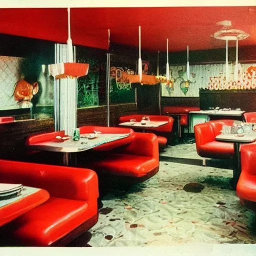 Prompt: late 70s eastern european haunted diner, interior design magazine photo