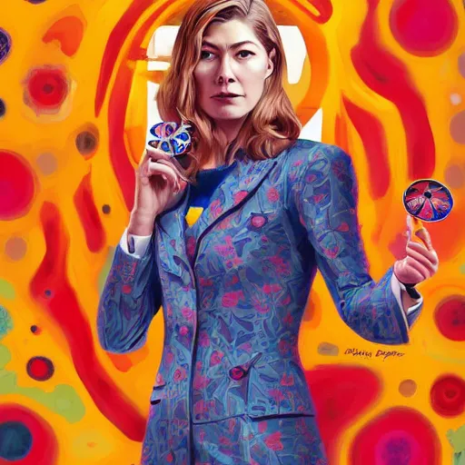 Prompt: rosamund pike as the doctor, dark - hair, wearing a colourful floral pattern suit, colourful, sharp focus, detailed face, artstation, art by borja pindado,