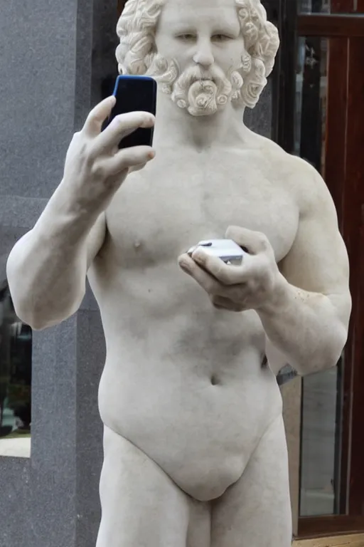 Image similar to marble sculpture of a man holding a marble phone to take a selfie