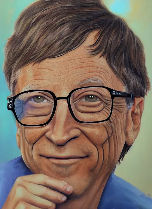 Image similar to photo portrait painting of bill gates on shrooms