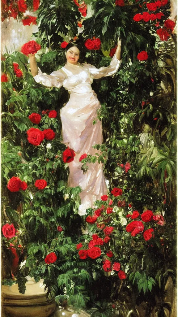 Image similar to rebekah delrio in a botanical room set near a persian pot fulk of red roses and palm treeby john singer sargent