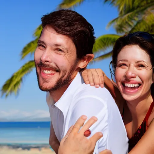 Image similar to couple man and woman, happy, on the beach, correct face, sunburn, professional portrait, photo