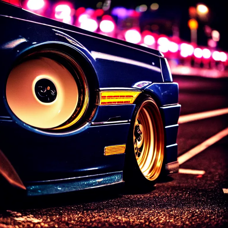 Prompt: close-up-photo JZX100 turbo illegal roadside night meet, work-wheels, Shibuya shibuya, cinematic color, photorealistic, deep dish wheels, highly detailed night photography