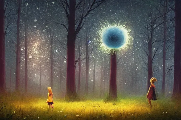 Image similar to giant daisy flower as face, girl walking in forest, surreal photography, dark night, stars, moon light, impressionist painting, clouds, digital painting, artstation, simon stalenhag