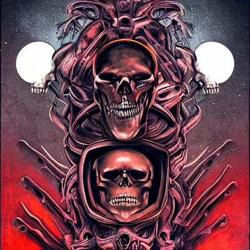 Image similar to alien skull and skeletons in darkness organic machine anatomy dark cosmic horror scifi cover style menacing scary uncanny eerie style heavy brushstrokes dramatix album cover red