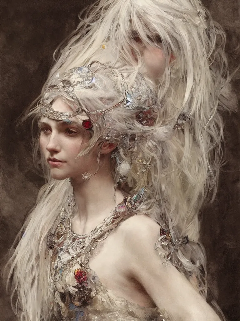 Image similar to a highly detailed beautiful white haired woman, adorned with precious stones, intricate line drawings by jeremy mann and alphonse mucha, 8 k resolution, trending on artstation, very very detailed, masterpiece, stunning,