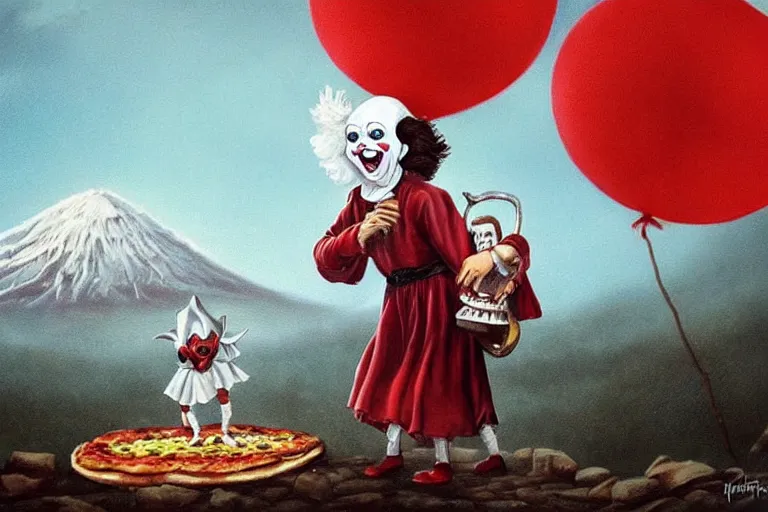 Image similar to pennywise as pulcinella!!! holding a large pizza!!, volcano in background, dark sky, smoke, glowing pools of lava, an ultrafine detailed painting by joe fenton, full body, wide angle, post - apocalyptic vibe, pop surrealism, sharp focus, whimsical, lowbrow, perfect symmetrical face, masterpiece, hyperrealistic, trending on deviantart