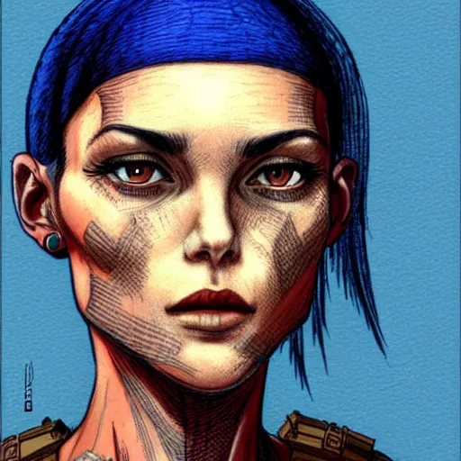 Image similar to intricate portrait, pure skin, 1 mm short blue hair, in the style of enki bilal!