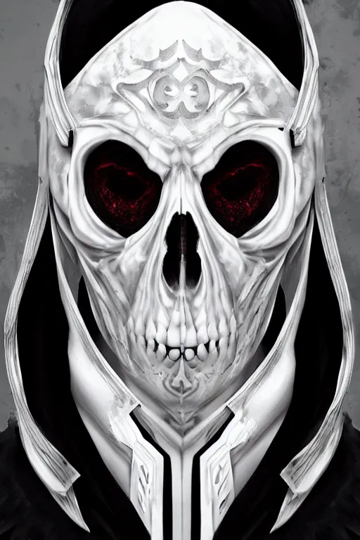 Image similar to hyper realistic digital art portrait of a villain wearing white bird skull mask, and high tech intricate armor and a black cloak.