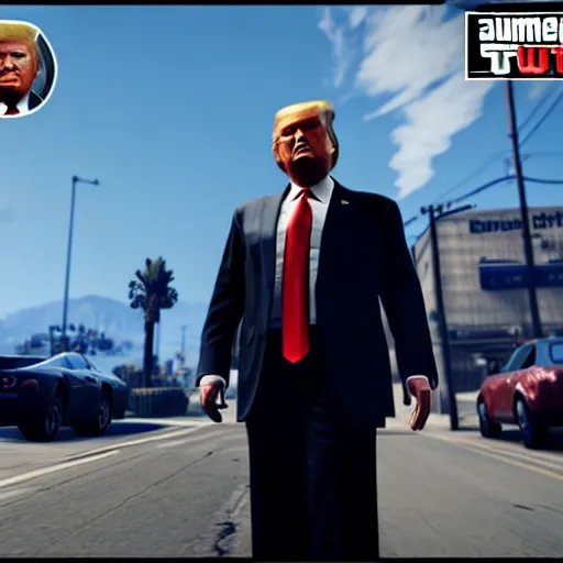 Prompt: donald trump in gta v gameplay, ps 5 screenshot, third person gameplay, five stars, 3 d render, cryengine, highly detailed