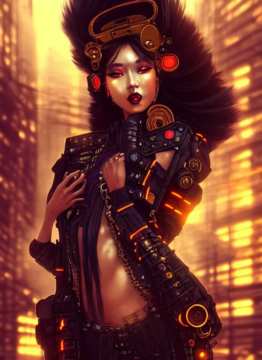 Prompt: soft lustrous ebony geisha seductive raver gutter punk steampunk cyborg, golden ratio, details, scifi, fantasy, cyberpunk city, intricate, decadent, highly detailed, octane render, digital painting, artstation, concept art, sharp focus, illustration, art by artgerm, loish, wlop