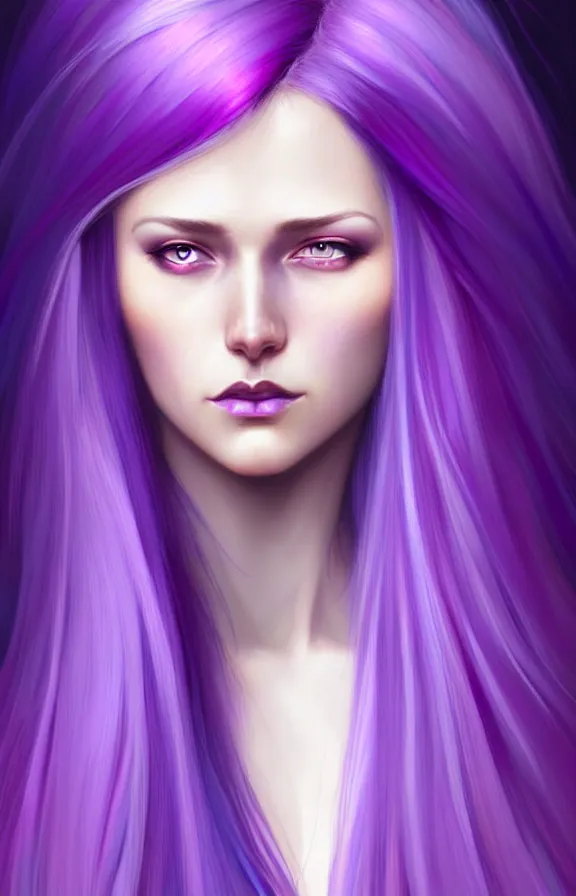 Prompt: Purple hair relistic Portrait of a woman with bright colored flying hair, all shades of purple. Hair coloring, long hair, blue eyes, fantasy, intricate, elegant, highly detailed, digital painting, artstation, concept art, smooth, sharp focus, illustration, art by artgerm and greg rutkowski and alphonse mucha