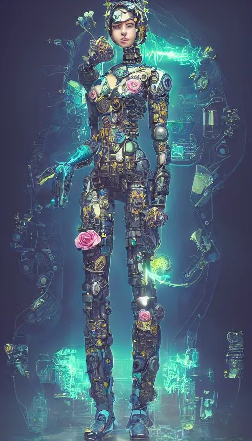 Image similar to full body head to toe portrait of a flowerpunk sci-fi cyborg ninja, third person, D&D, sci-fi fantasy, intricate, blue and gold, daisy and rose and miniature peony, highly detailed, art by Range Murata, highly detailed, 3d, octane render, bright colors, digital painting, trending on artstation, sharp focus, illustration style of Stanley Artgerm, dramatic background