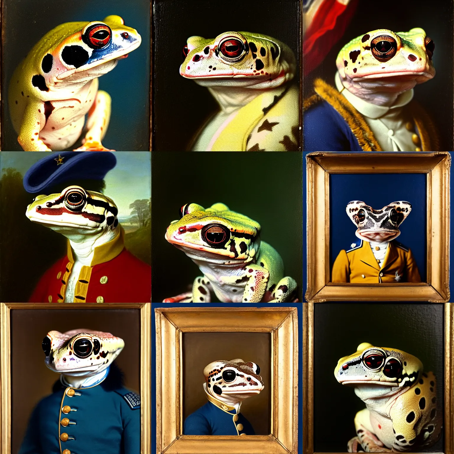 Prompt: a head - and - shoulders portrait of an amazon milk frog wearing a blue continental army uniform without a hat, an american romanticism painting, oil on canvas, cgsociety, soft focus