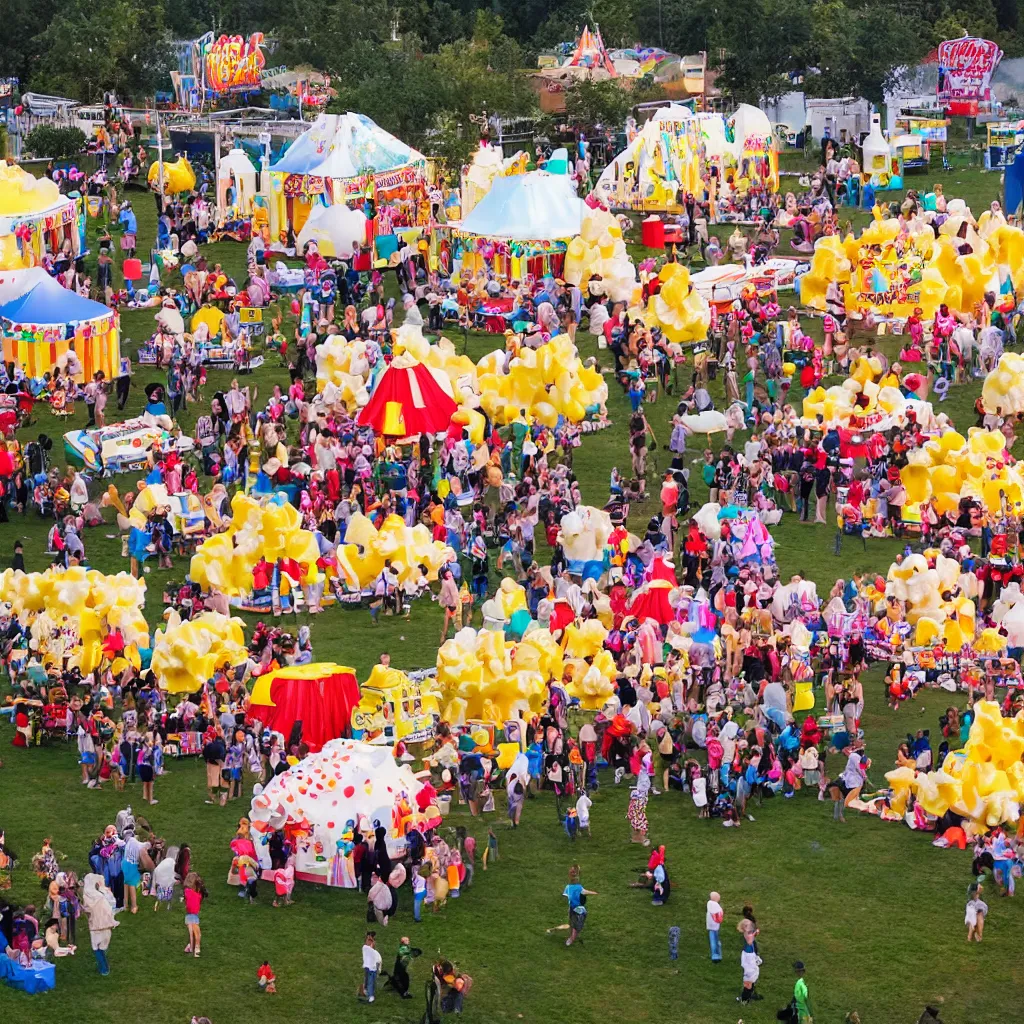 Image similar to festival theme camp called the poppin'kernels, with giant popcorn and movie projector outdoors at night, carnival lighting, outdoor cinema