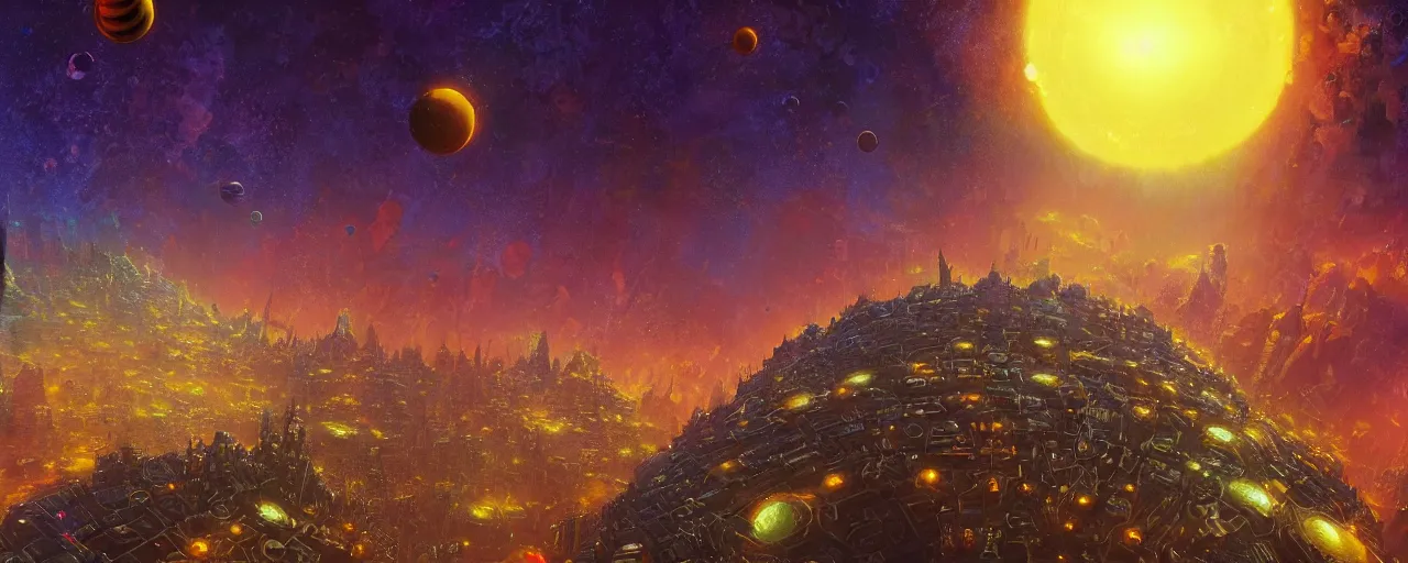 Image similar to outer planet covered in dripping honey with mega cities, [ art by paul lehr, cinematic, detailed, epic, widescreen, opening, establishing, mattepainting, photorealistic, realistic textures, octane render ]