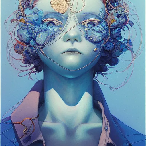 Image similar to prompt : blue portrait soft light painted by james jean and katsuhiro otomo, inspired by evangeleon anime, smooth face feature, intricate oil painting, high detail illustration, sharp high detail, manga and anime 1 9 9 0