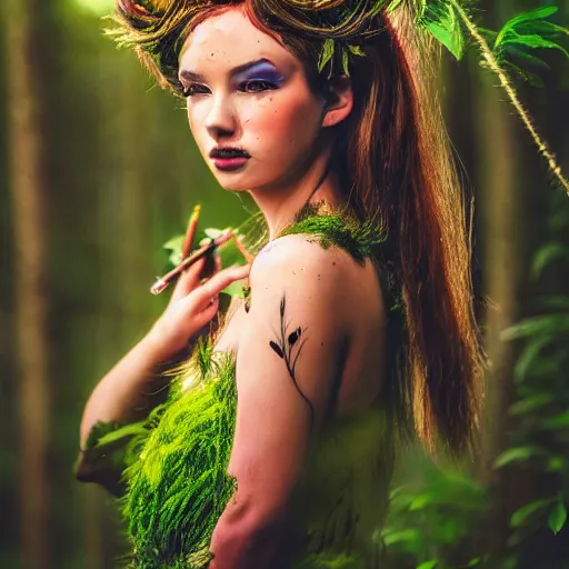 Image similar to young woman in a forest nymph costume striking a pose, intricate hairstyle, professional body paint, portrait photography, digital, photoshop, Helios 44-2, high definition, award winning, 4K UHD