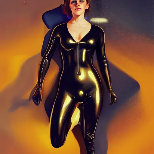 Image similar to highly detailed painting of emma watson wearing a latex suit, gta 5 cover art, stephen bliss, 8 k, by greg rutkowski, artgerm, loish, rhads, global illumination, radiant light, detailed and intricate environment