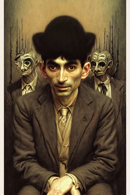 Prompt: a portrait of kafka by wayne barlowe, by gustav moreau, by goward, by gaston bussiere, by roberto ferri, by santiago caruso, by luis ricardo falero, by austin osman spare, ( ( ( ( occult art ) ) ) ) saturno butto