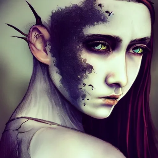 Prompt: girl, fantasy art, 1 6 yo, pale, large dark birthmark across half of face, pretty, unhappy, medieval, tomboy, dark hair