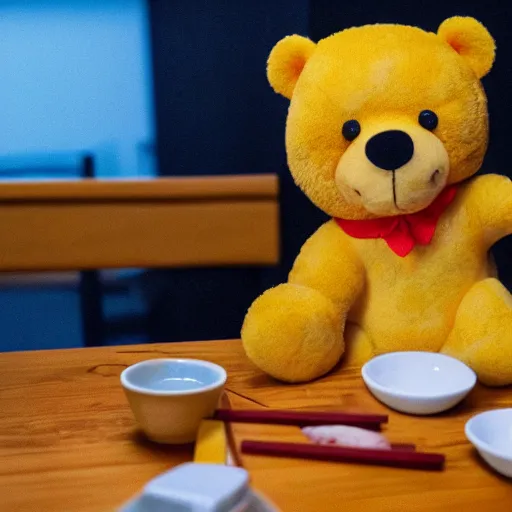 Prompt: Yellow teddy bear wearing red shirt eating sushi at a restaurant, realistic, highly detailed