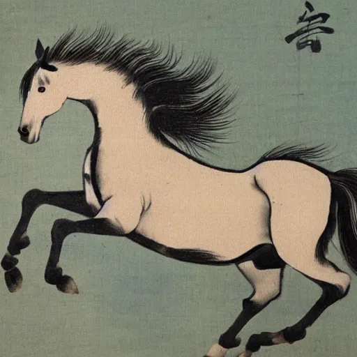 Prompt: a galloping wild horse, traditional chinese painting by xu-beihong