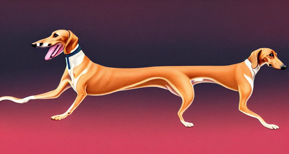 Prompt: a digital painting of a greyhound - sausage dog hybrid, isolated, hyperealism, award winning, stunning, trending on art - sation, highly detailed, cinematic lighting, 8 k, hd