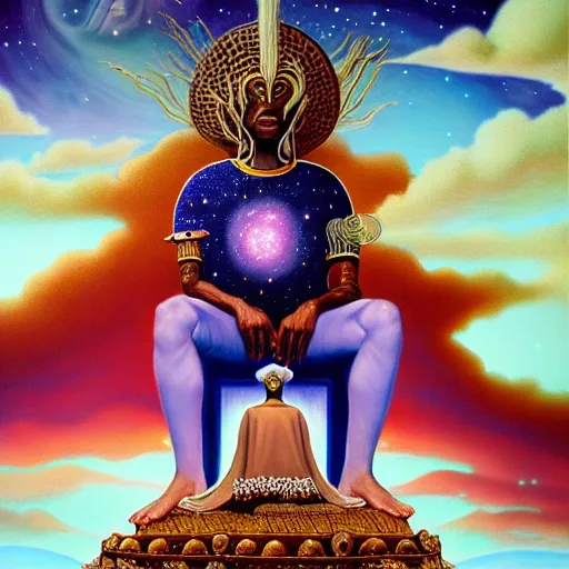 Image similar to obatala the cosmic god sitting on a throne of nebula clouds, by Afarin Sajedi and michael whelan, matte painting, orisha, 8k, hd