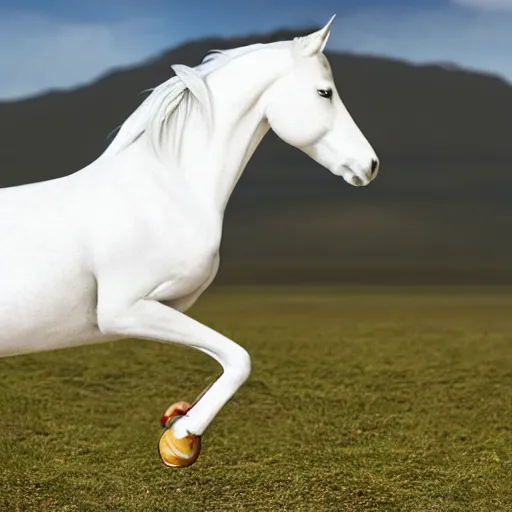 Image similar to a beautiful white realistic horse with feet like human realistic hands
