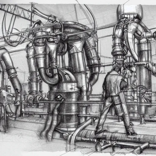 Prompt: pencil sketch of men working on a gigantic steampunk machine that creates robot elephants, art station
