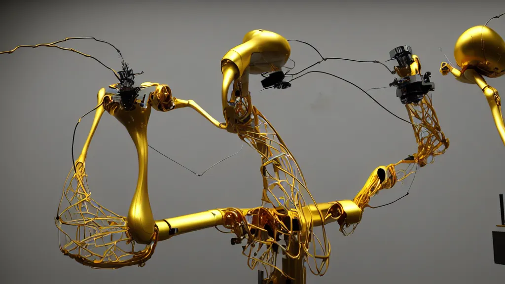 Image similar to a complex bifurcated robotic cnc surgical arm hybrid 3 d printer machine making organic ceramic kintsugi mandlebulb forms in the laboratory room, very thin gold wire, film still from the movie directed by denis villeneuve with art direction by salvador dali, wide lens, f 3 2, cinematic lighting, studio quality, smooth render, unreal engine 5 rendered, octane rendered