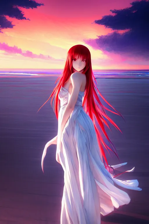 Prompt: Dark infrared octane render panoramic shot of a beautiful anime girl in a long white dress on a beach. Red hair, dramatic lighting, trending on artstation. Pixiv, Hyperdetailed, Ultra HD, WLOP, Rossdraws, James Jean Marc Simonetti, Ruan Jia and Mandy Jurgens and Artgerm and William-Adolphe Bouguerea, Sakimichan, Yuru camp, Illustration, digital art, concept art, manga cover