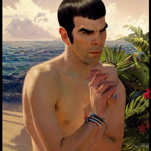 Image similar to ZACHARY QUINTO SPOCK in tropical shorts, beach, sun shining, (SFW) safe for work, photo realistic illustration by greg rutkowski, thomas kindkade, alphonse mucha, loish, norman rockwell